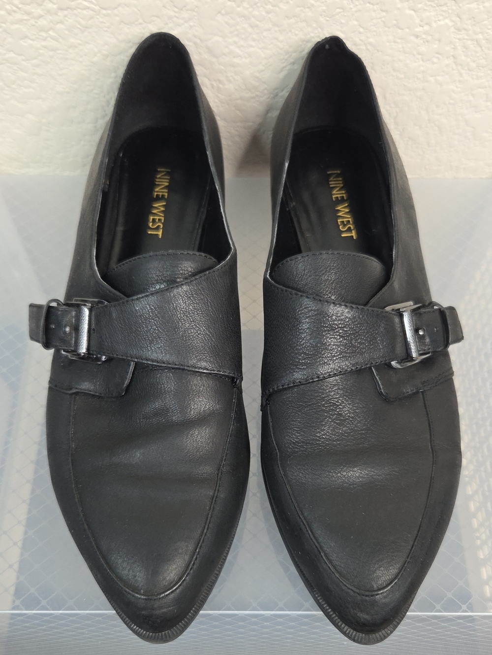 Nine West Black Pointed Leather Women's Loafers with Buckle Strap